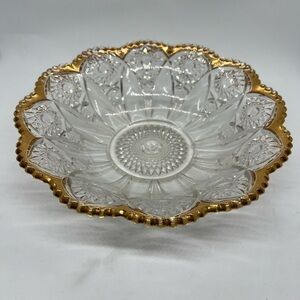 Vintage Glass Bowl EAPG American Brilliant Clear Gold Rim 9” Stars Sawtooth Rim